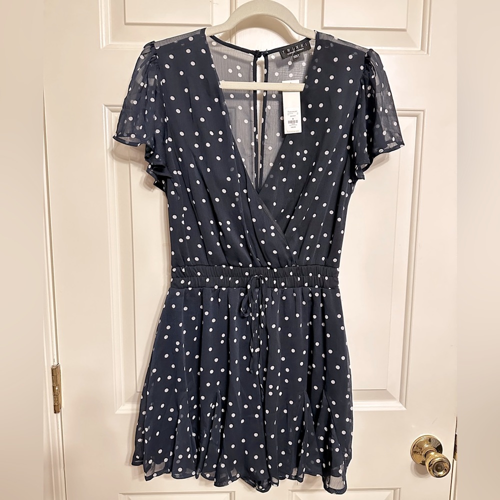 Trixxi Navy & White Dots Short Sleeve Romper - Elastic Waist - Medium